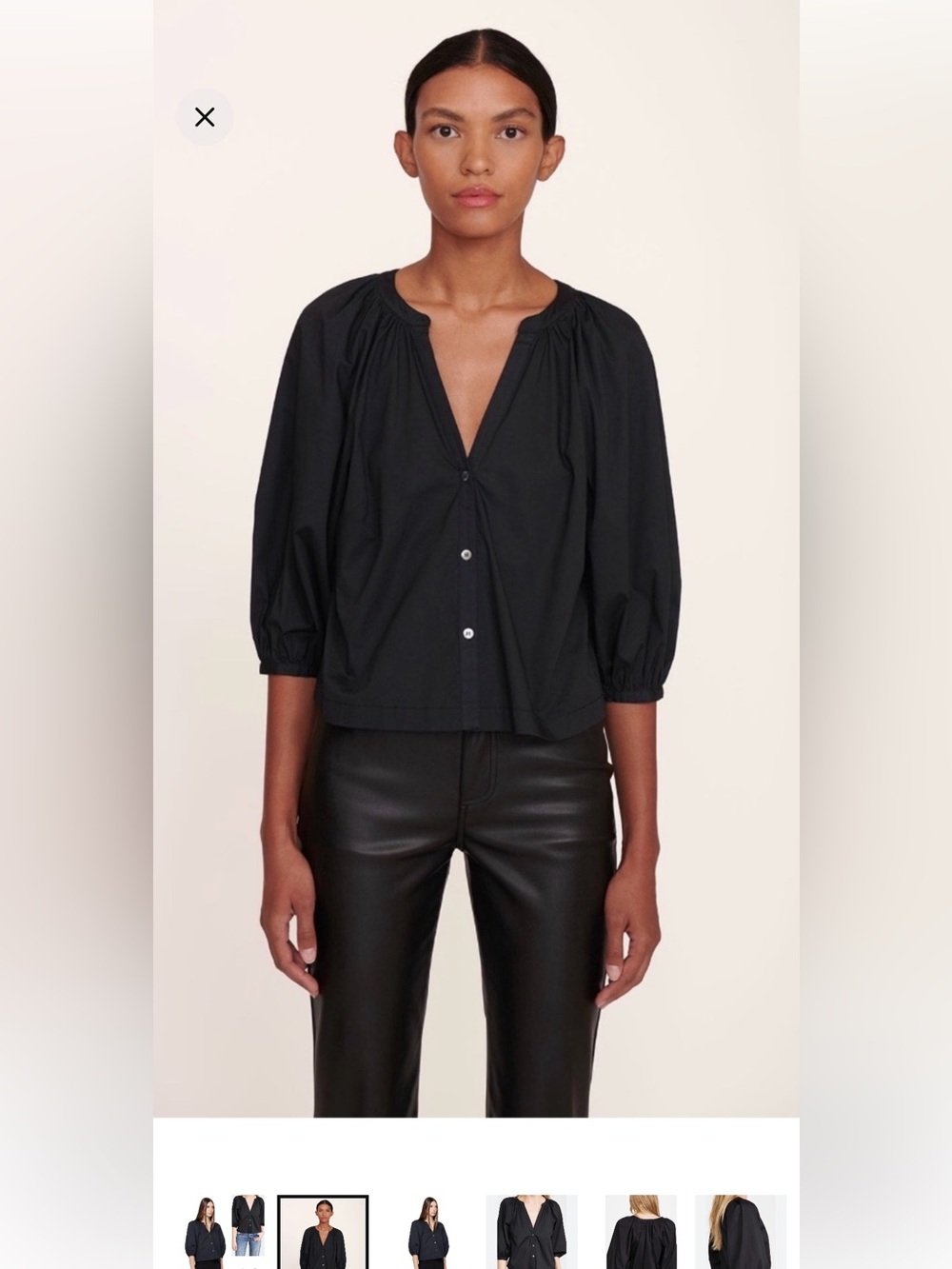 STAUD Black Gathered V-Neck Puff-Sleeve Blouse NEVER WORK